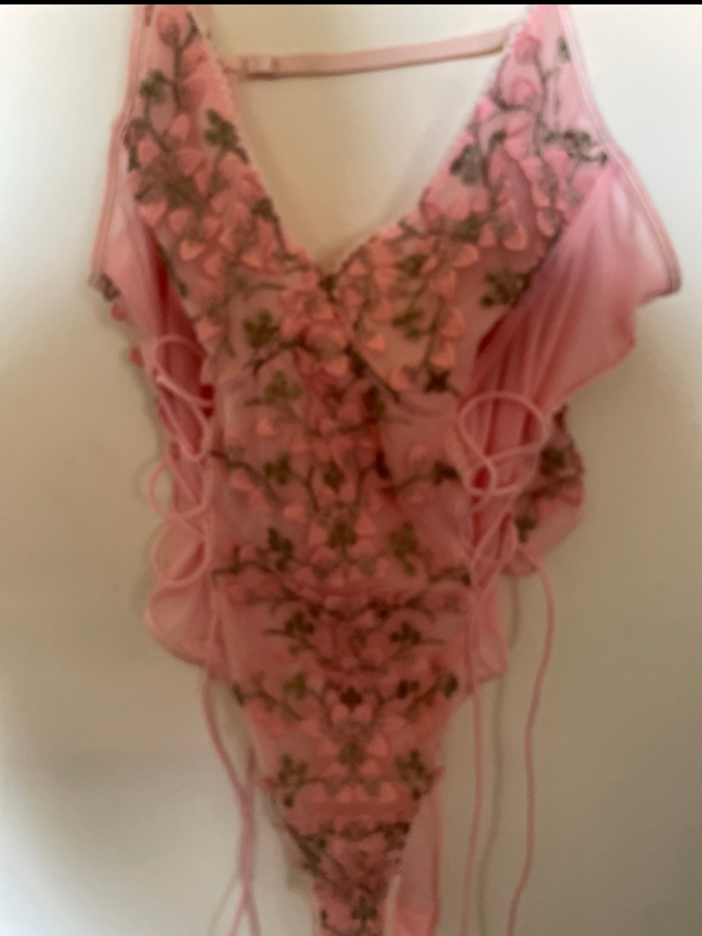Pink Floral Lace-Up V-Neck Bodysuit